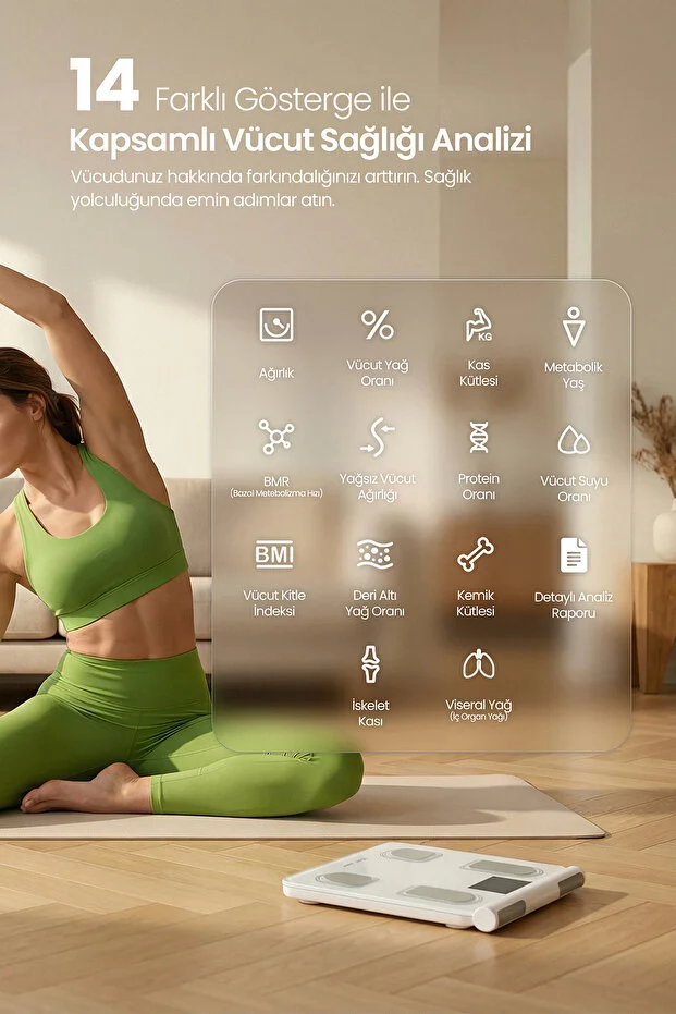 8 Elektrotlu Akıllı Tartı - Segmental Vücut Analizi, Multi-BIA, Yağ, Sıvı, Kas Ölçer